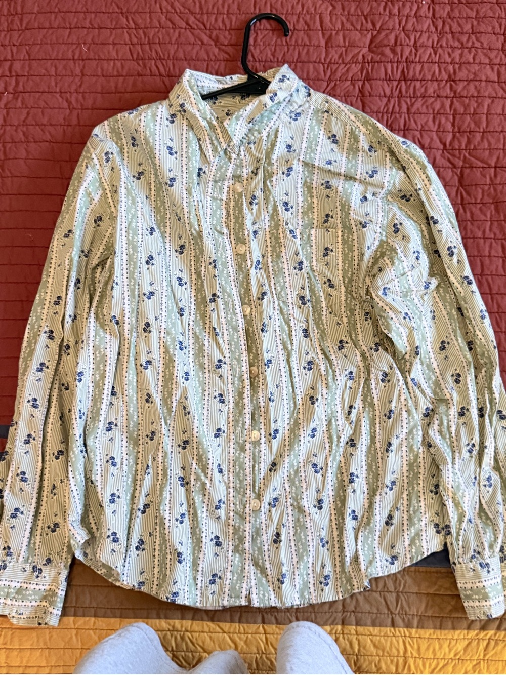 Classic Elements Green and Blue Floral Stripe Button-Down Shirt